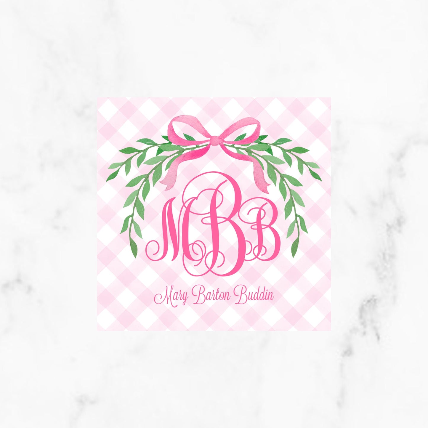 Pink Gingham Greenery Swag With Bow Enclosure Card