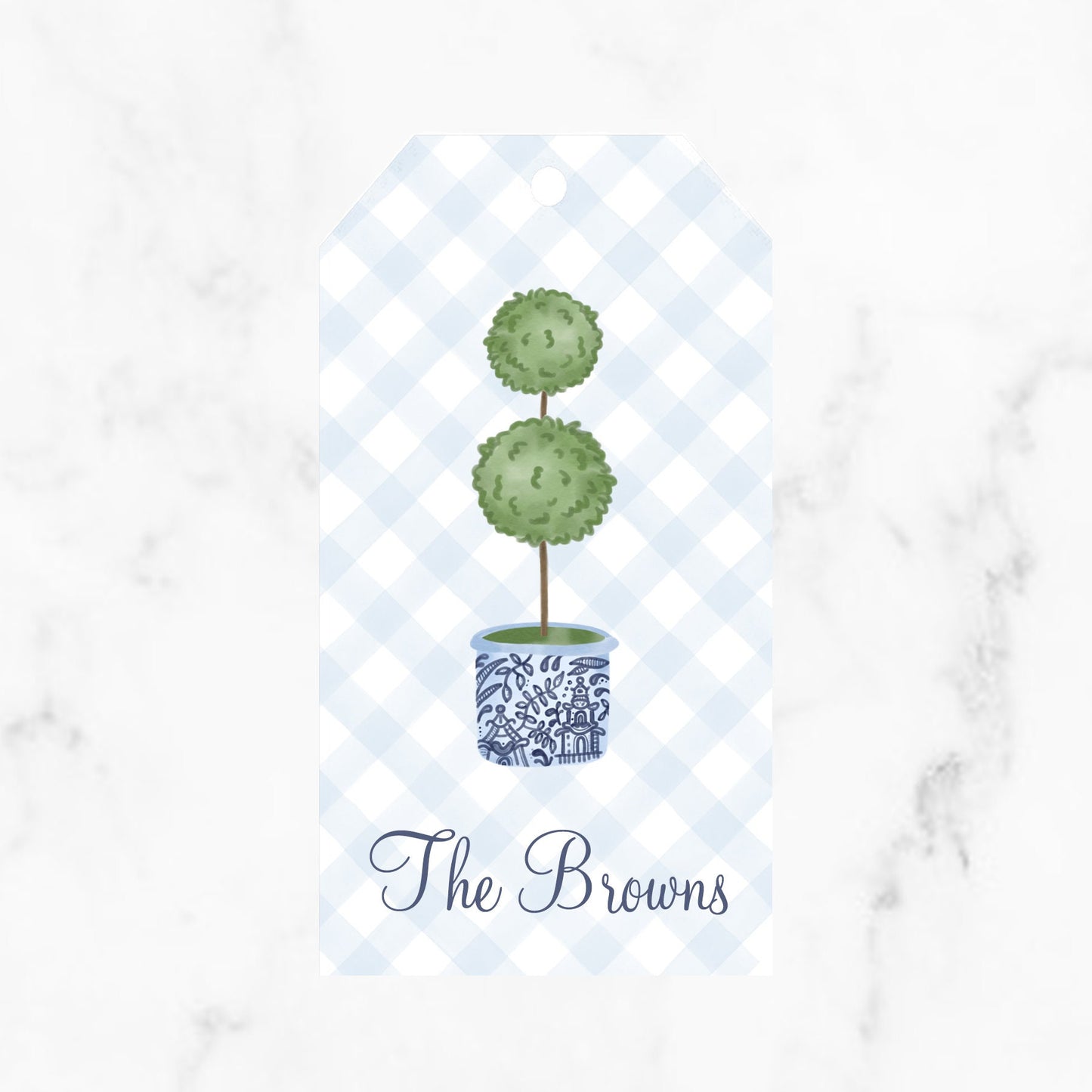 Blue Gingham Topiary Gift Tag