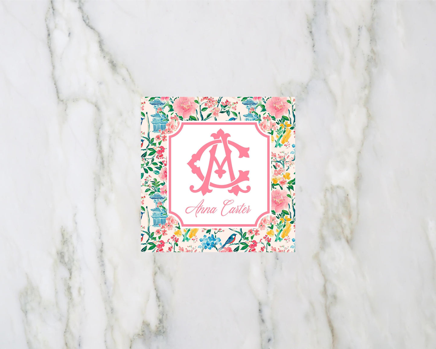 Personalized Floral Chinoiserie Pagoda Monogram Enclosure Card