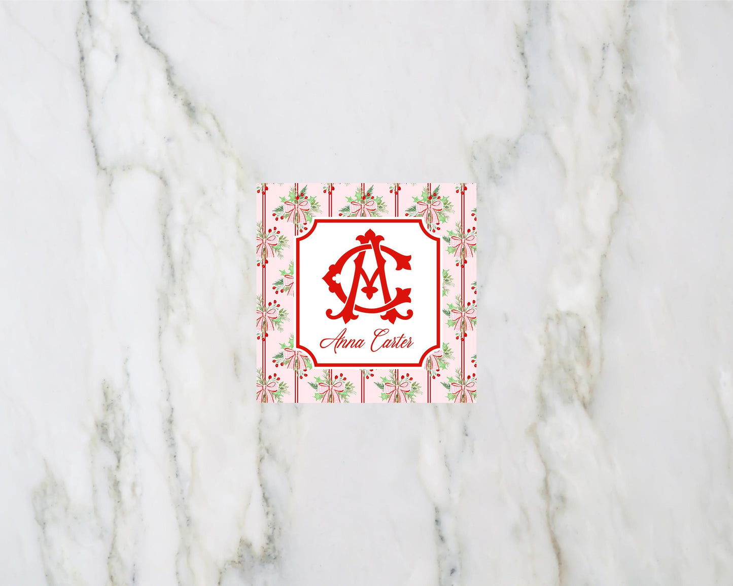 Pink Bow Garland Christmas Personalized Enclosure Cards and Gift Tags