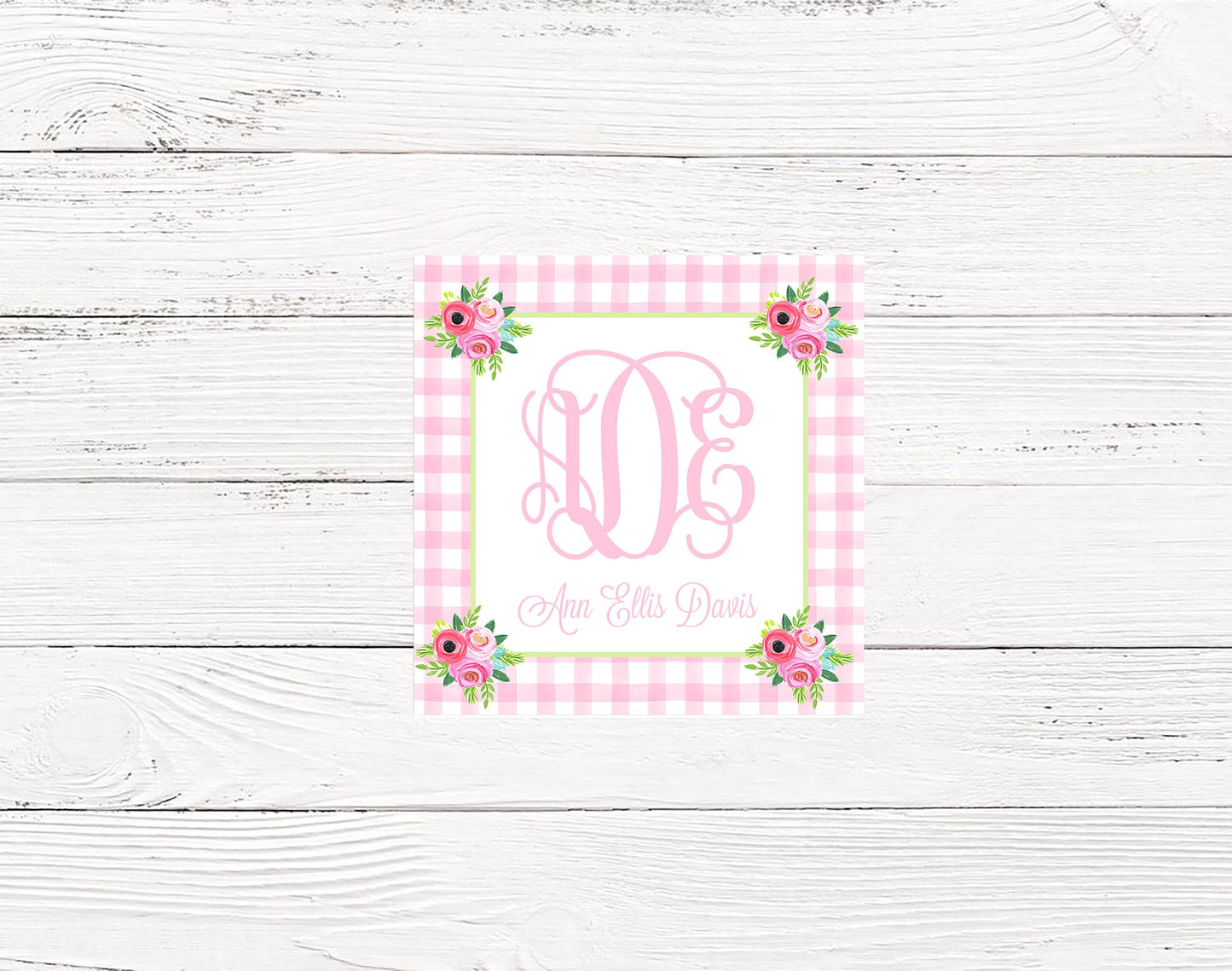 Gingham Floral Monogram Enclosure Cards
