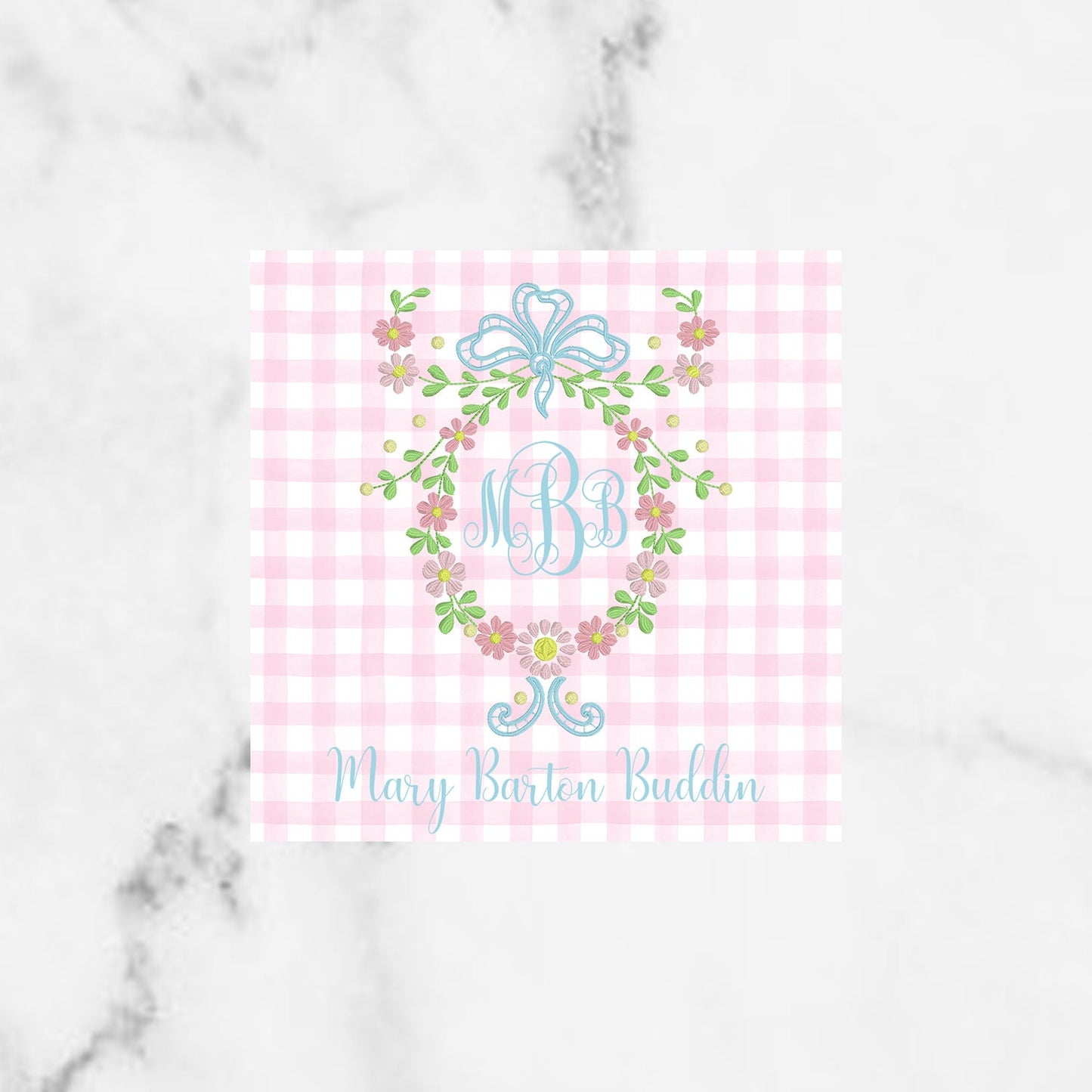 Pink Gingham Floral Monogram Enclosure Cards