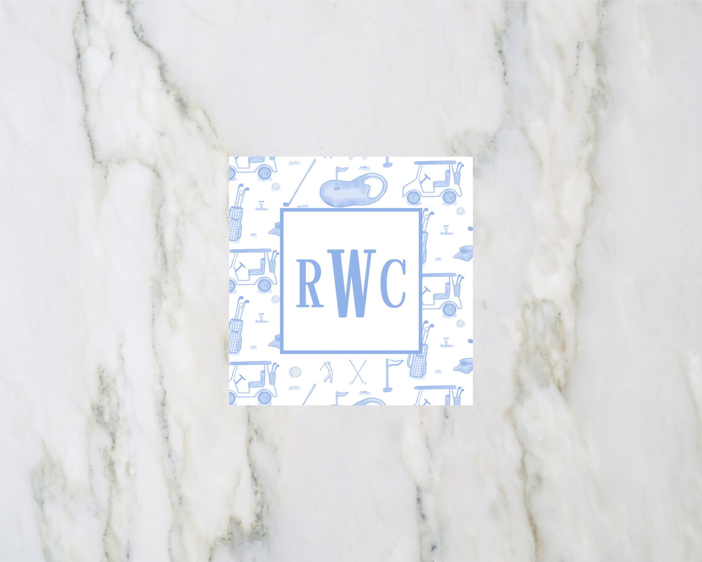 Blue Golf Toile Monogram Enclosure Cards For Boys