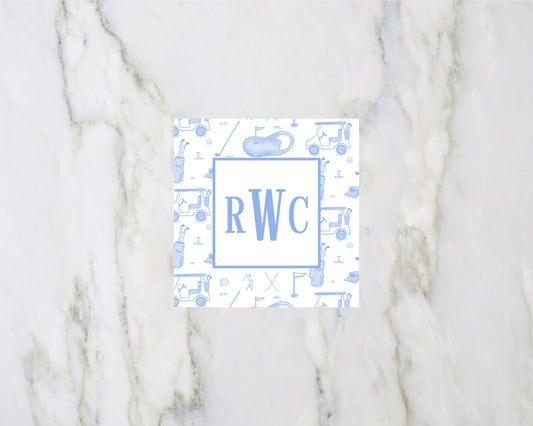 Blue Golf Toile Monogram Enclosure Cards For Boys