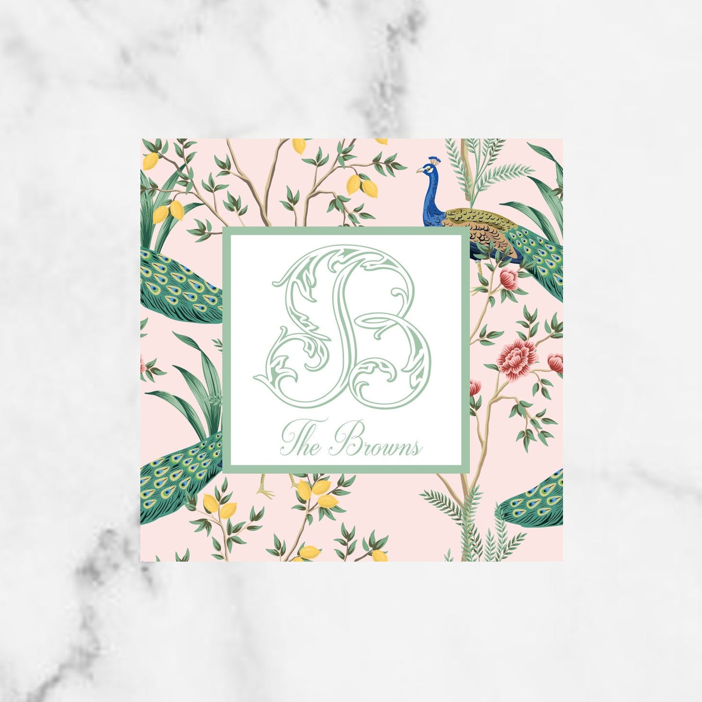 Chinoiserie Peacock Single Initial Monogram Enclosure Cards
