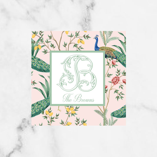 Chinoiserie Peacock Single Initial Monogram Enclosure Cards
