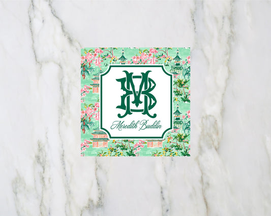 Personalized Pink and Green Chinoiserie Pagoda Monogram Enclosure Card