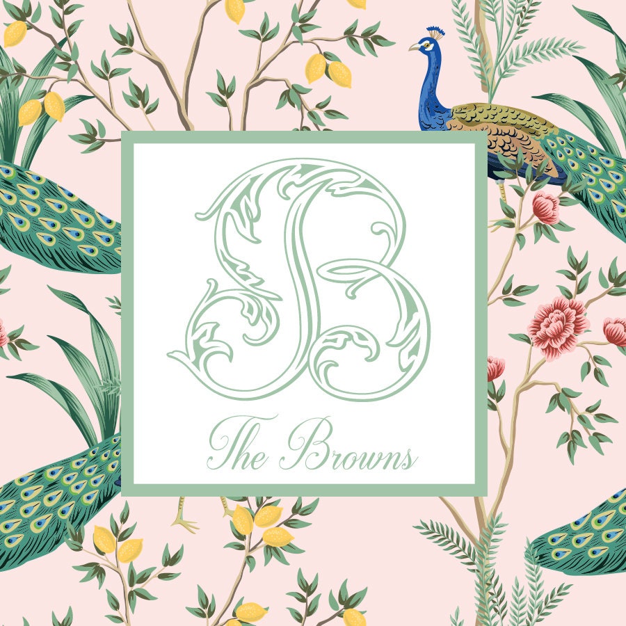 Chinoiserie Peacock Single Initial Monogram Enclosure Cards