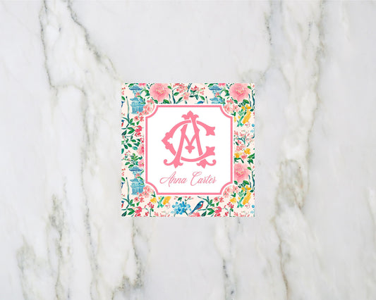 Personalized Floral Chinoiserie Pagoda Monogram Enclosure Card