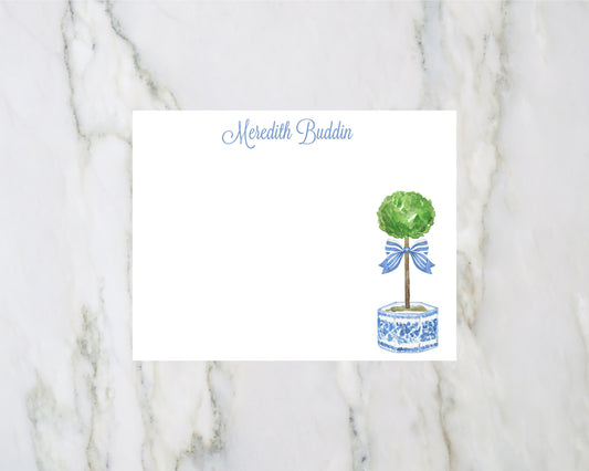 Blue and white personalized  Topiary Flat Stationery