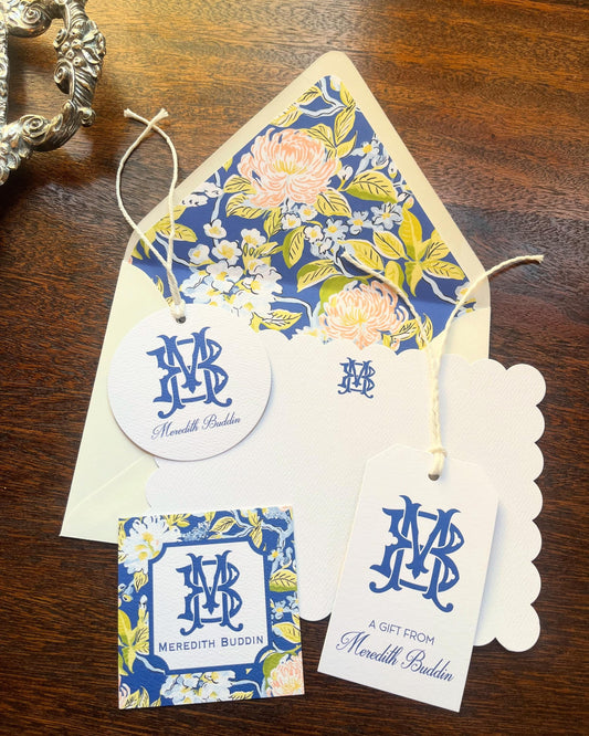 Blue floral monogrammed stationery set