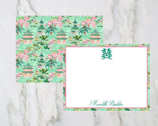 Monogrammed Green Pagoda Flat Note Cards