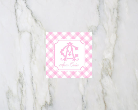 Pink Gingham Monogram Enclosure Cards
