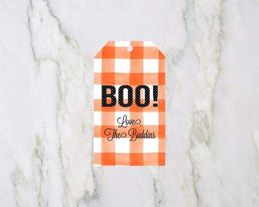 Orange Gingham Boo Gift Tags for Halloween