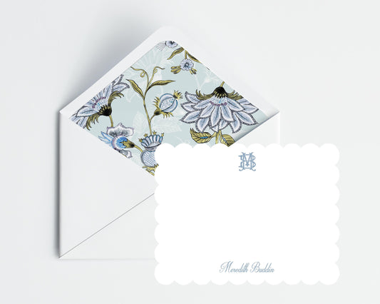 Monogrammed Scallop Cards with Blue Chintz lined envelopes