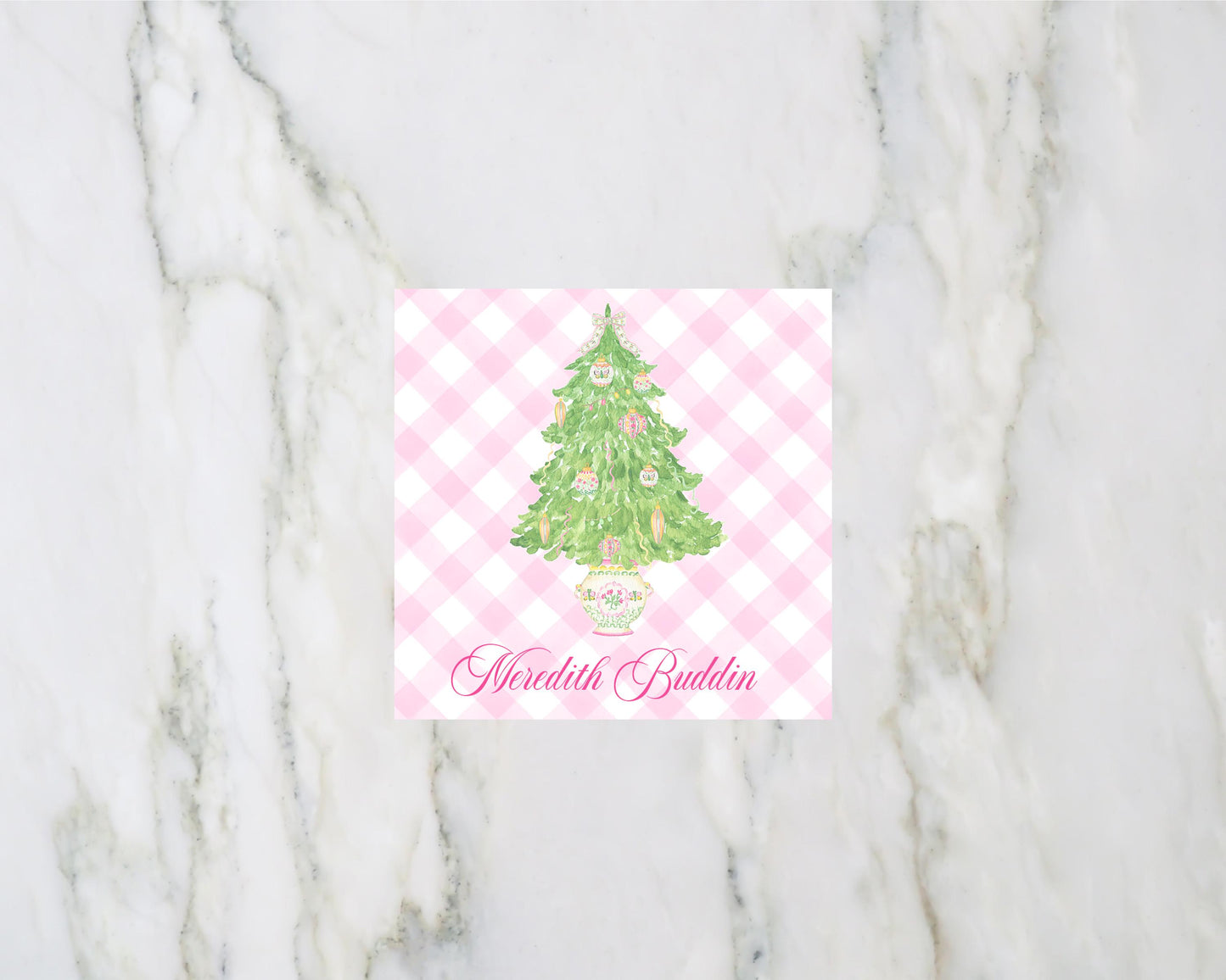 Pink Chinoiserie Christmas Tree Personalized Enclosure Cards and Gift Tags