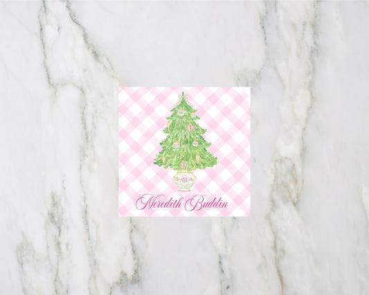 Pink Chinoiserie Christmas Tree Personalized Enclosure Cards and Gift Tags