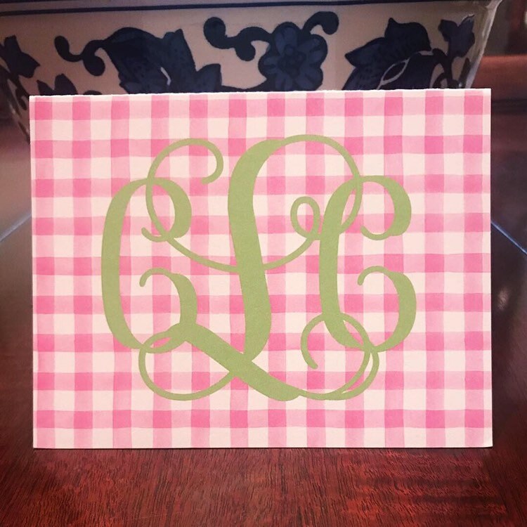 Pink Gingham Monogram Fold Over Note Card