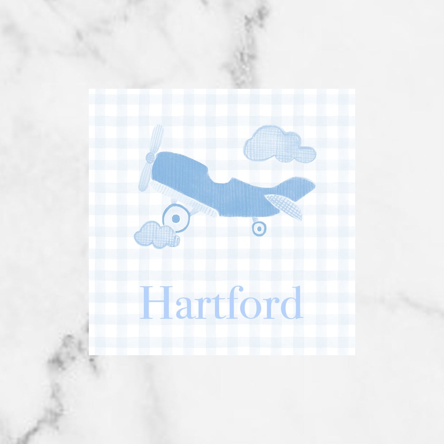 Blue gingham Airplane enclosure card for boys