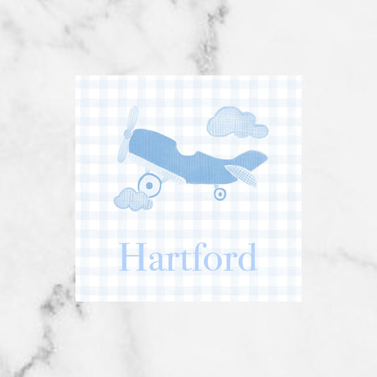 Blue gingham Airplane enclosure card for boys