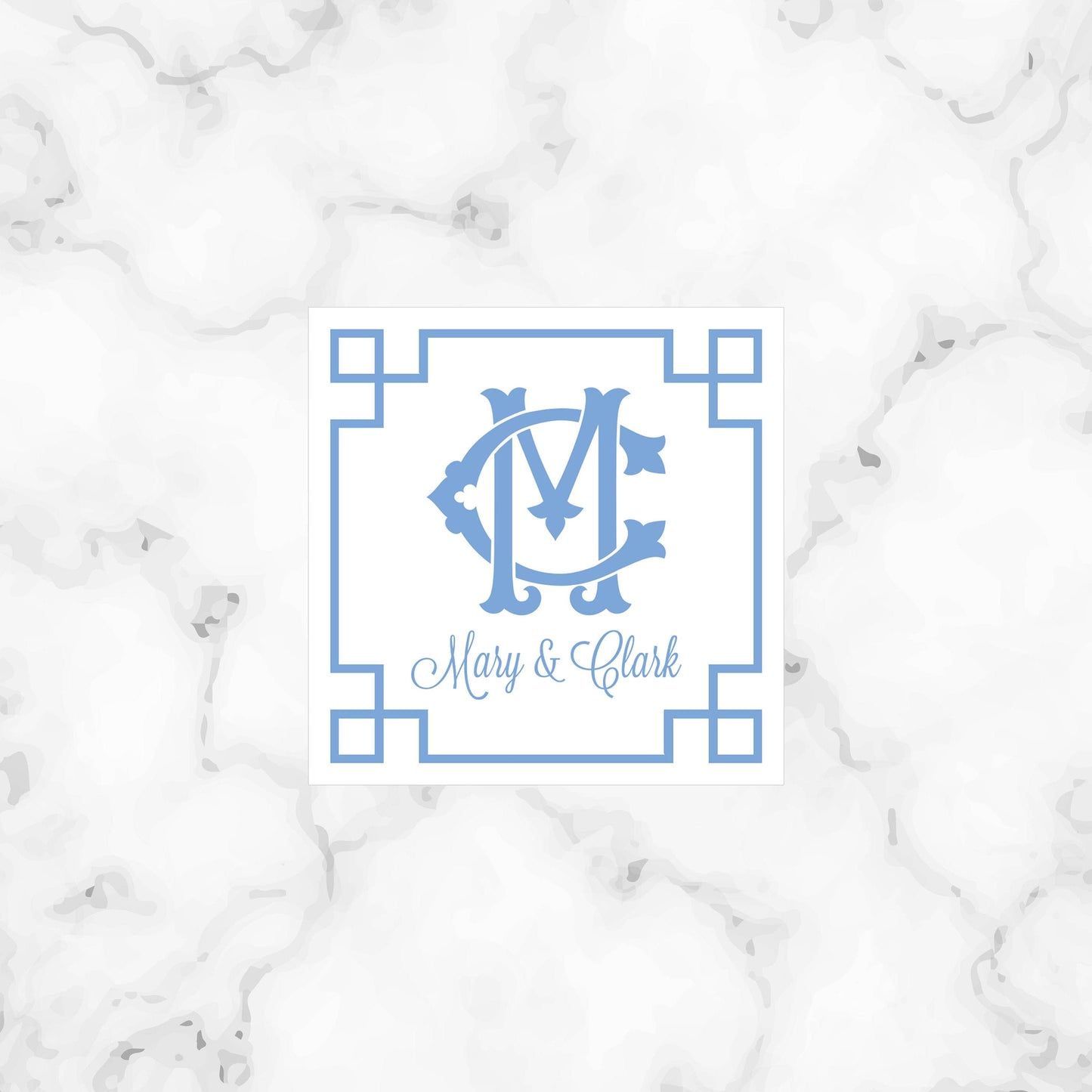 Light Blue Greek Key Monogram Enclosure Cards
