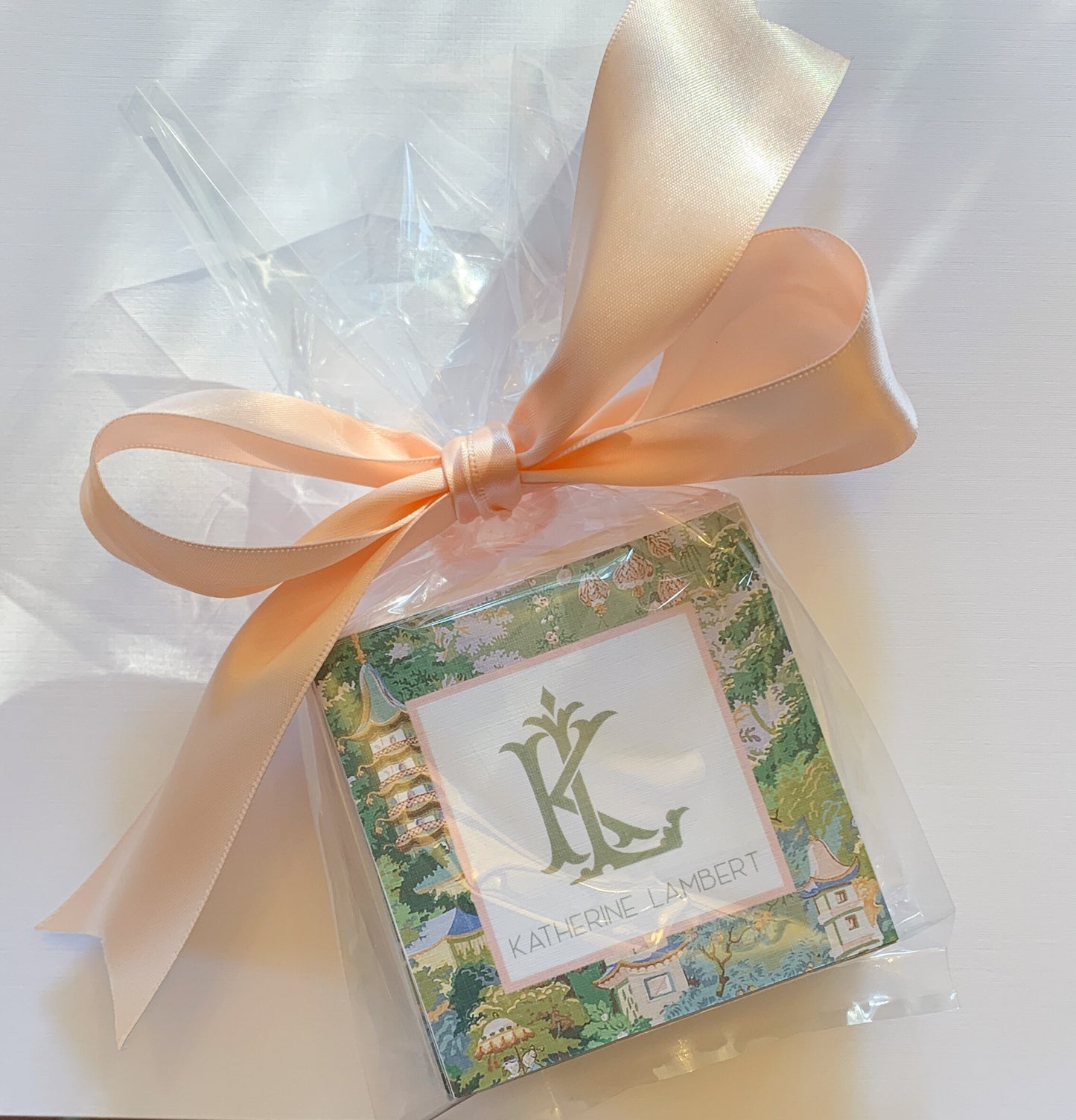 Personalized Pink and Green Chinoiserie Pagoda Monogram Enclosure Card