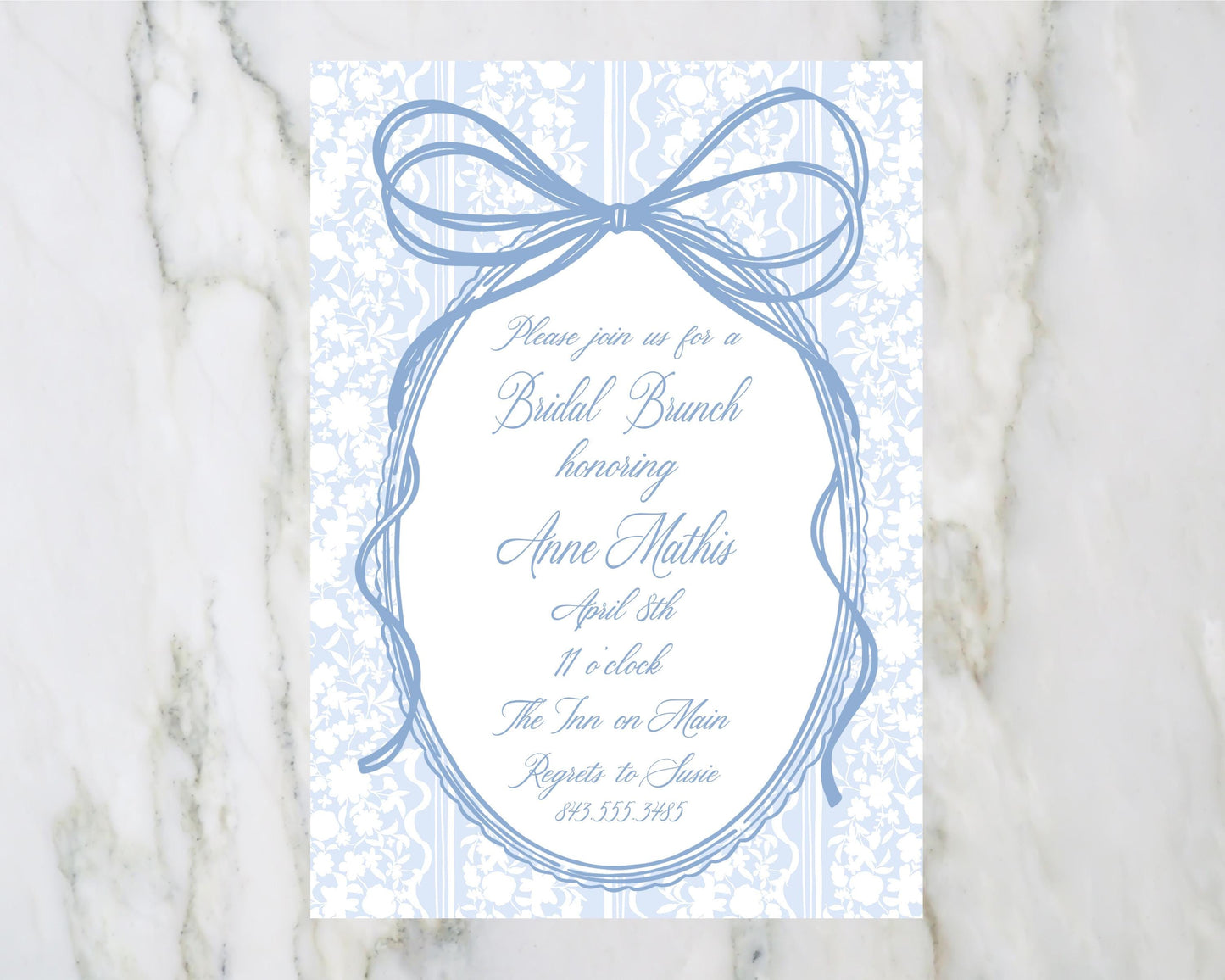 Blue Grandmillennial Bow Bridal Brunch Invitation