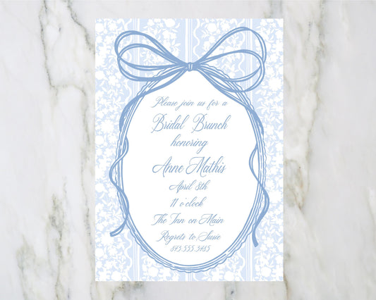 Blue Grandmillennial Bow Bridal Brunch Invitation