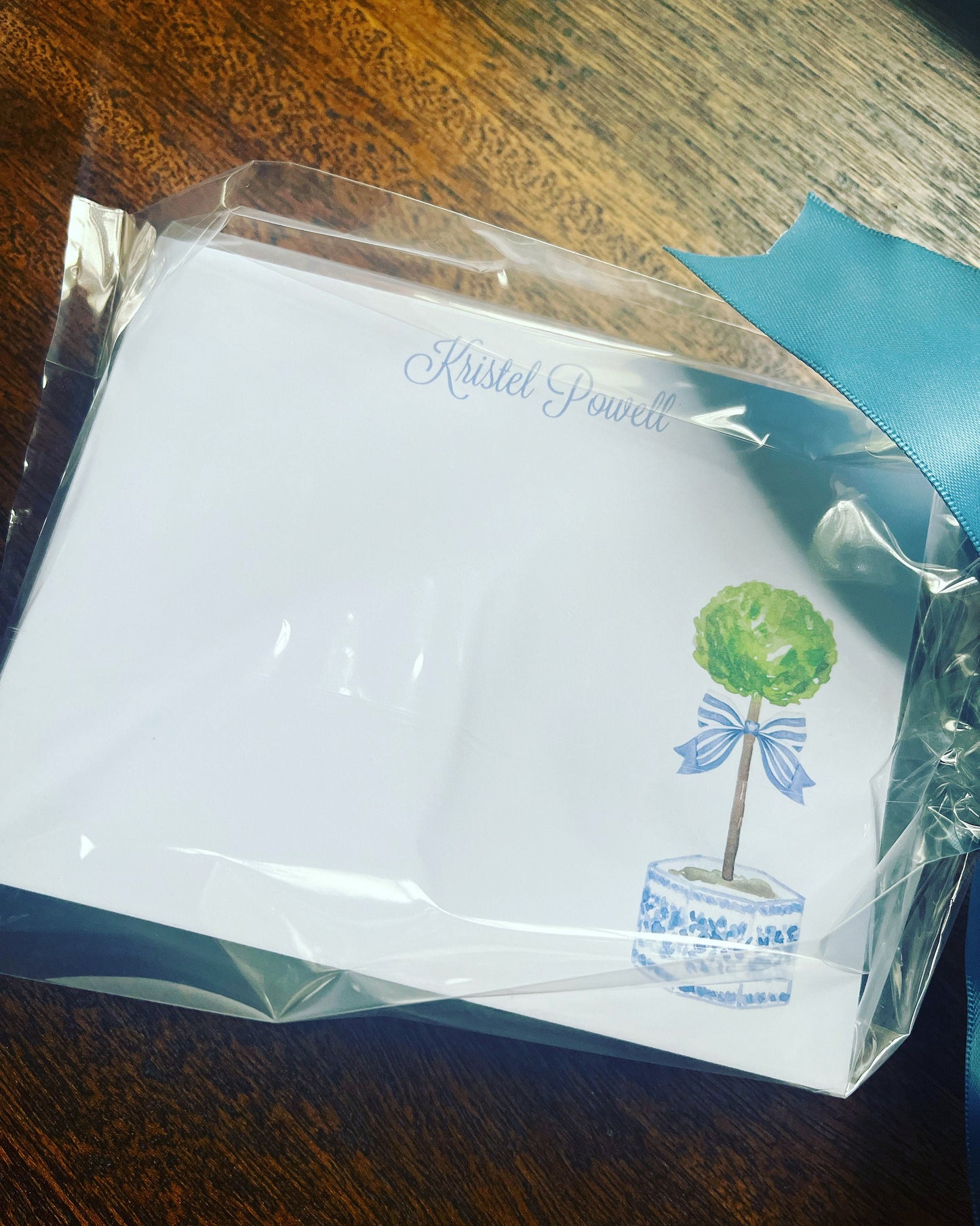 Blue and white personalized  Topiary Flat Stationery