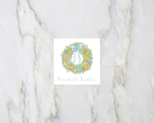 Orange and Blue  Christmas Wreath Personalized Enclosure Cards and Gift Tags