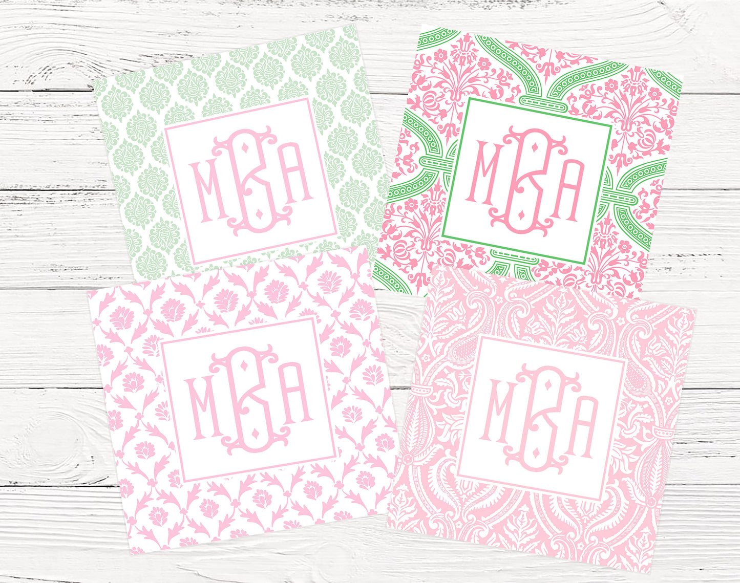 Pink and Green Damask Monogrammed Enclosure Cards For Girls