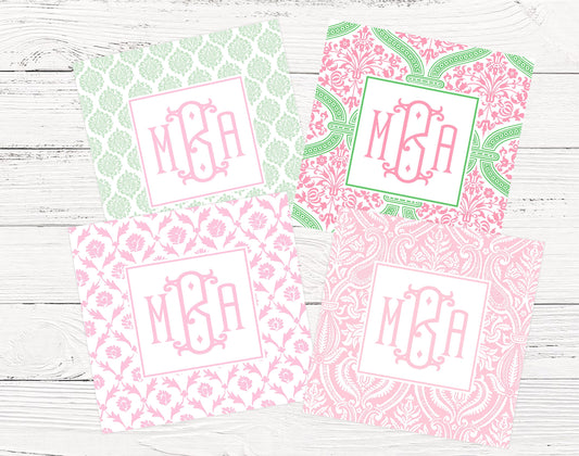 Pink and Green Damask Monogrammed Enclosure Cards For Girls