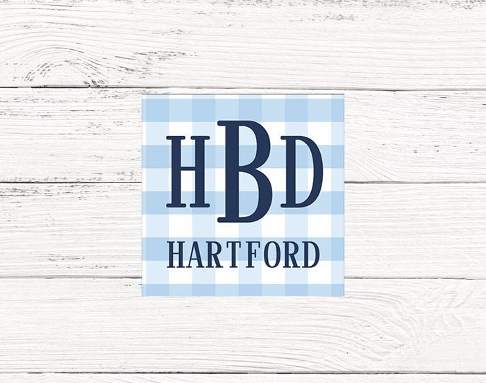 Blue Gingham Monogram Enclosure Cards For Boys