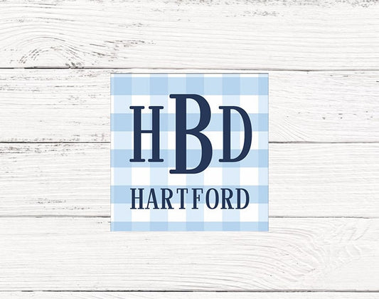 Blue Gingham Monogram Enclosure Cards For Boys