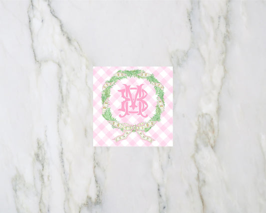 Pink Chinoiserie Christmas Wreath Personalized Enclosure Cards and Gift Tags