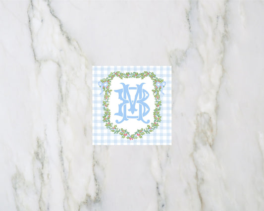 Blue and White Gingham Monogram Holly Enclosure Card