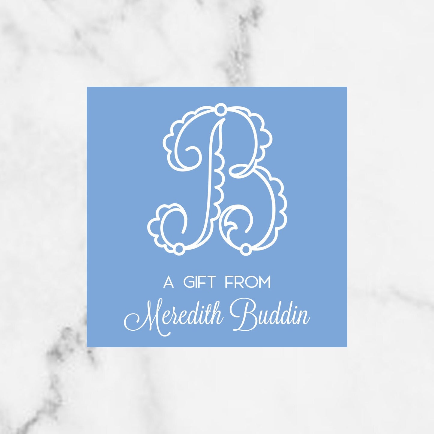 Blue monogrammed enclosure card/gift tag