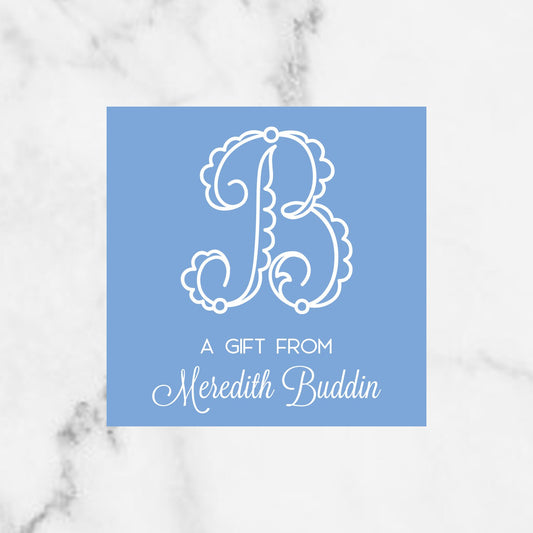 Blue monogrammed enclosure card/gift tag