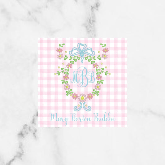 Pink Gingham Floral Monogram Enclosure Cards