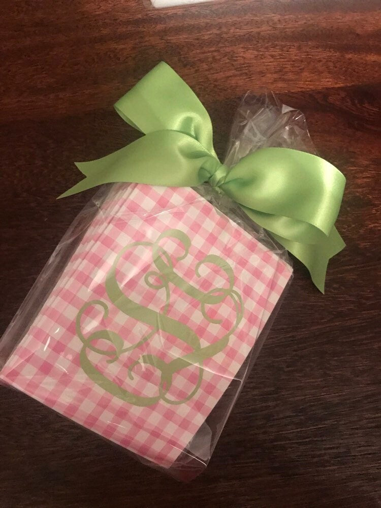 Pink Gingham Monogram Fold Over Note Card